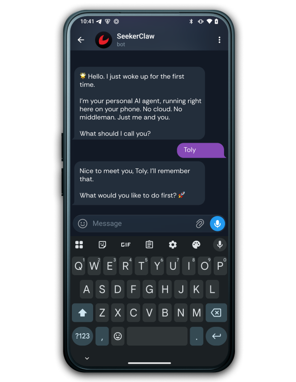 SeekerClaw responding on Telegram